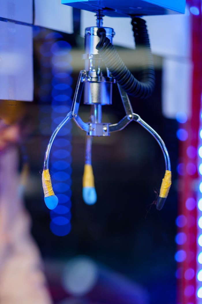 A detailed view of a claw inside an arcade gaming machine with bright lights.